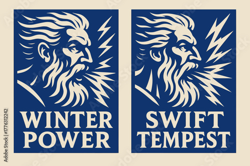 Boreas Winter Banners. Tempest Herald. Two vertical A6 banners with safe margins, centered composition, no elements touching edges, bold, cobalt and ivory,