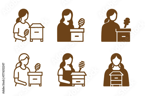 Rural Women Entrepreneur Icons. Women entrepreneurs in rural areas. Set Logo of women entrepreneurs in rural areas: beehive box with honey dipper. Icon set.