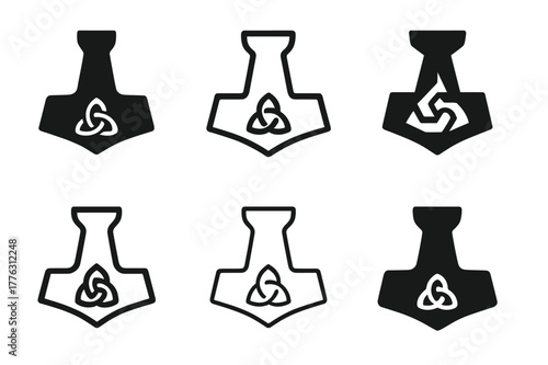 Mystical Deity Logos. Ancient gods and goddesses in a mystical landscape. Set Logo of Ancient gods and goddesses in a mystical landscape: Thor Mjolnir hammer.