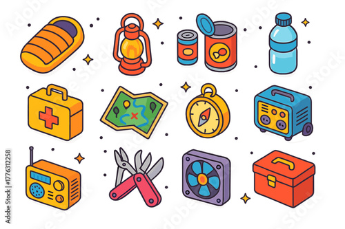 Colorful Survival Kit Icons. Survival shelter. Colorful isometric vector icons set of survival shelter: sleeping bag, lantern, canned food, bottled water,