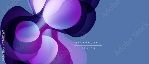 Abstract purple shapes overlap, creating dynamic visual flow. Gradient colors blend, forming modern background design. Smooth curves suggest movement.