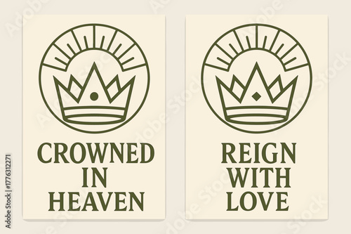 Celestial Banners Design. Celestial Coronation. Two vertical A6 banners with safe margins, centered composition, no elements touching edges, geometric, olive