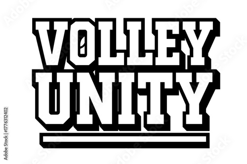 Volley Unity Design. . Volley Unity ? Bold Block Lettering: massive geometric capitals with chunky serifs, heavy outer outline, deep flat drop shadow; tight