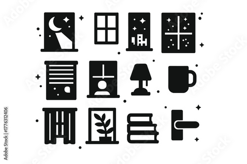 Night Window Icons. Night Window Light. Solid icons set of Night Window Light: moonlight beam, window pane, starry sky, city lights, blinds, silhouette figure,