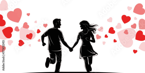 Enduring bond silhouette: A silhouetted depiction of a man and woman, hand-in-hand, running together, with love hearts gracefully adorning the backdrop, depicting everlasting affection