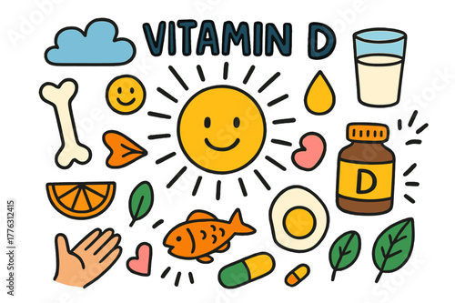 Vitamin D Icons. Vitamin D. Colorful Hand-drawn doodle Children illustration Vitamin D sun, bone, milk glass, fish, egg, supplement bottle, cloud, smiley,