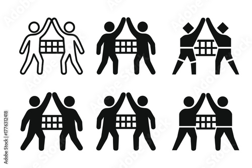 Volleyball Team Icons. A person participating in a team sport like volleyball, showing teamwork. Set Logo of A person participating in a team sport like