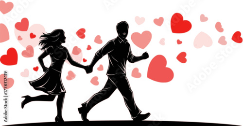 Enduring bond silhouette: A silhouetted depiction of a man and woman, hand-in-hand, running together, with love hearts gracefully adorning the backdrop, depicting everlasting affection