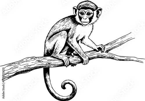 Curious Monkey Perched on Branch: This eye-catching black-and-white illustration captures a curious monkey perched on a sturdy branch, offering a timeless artistic expression.