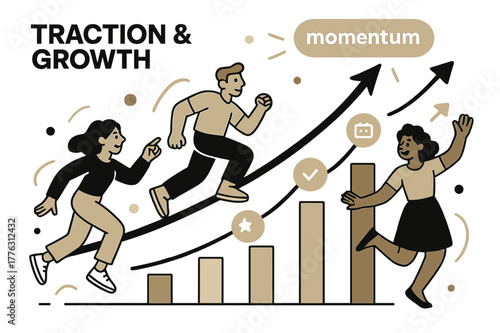 Growth Momentum Scene. Pitch Deck ? Traction & Growth. Bars and curves soar upward; milestone icons pulse at key dates. Label ?momentum.? glows at peak. Modern