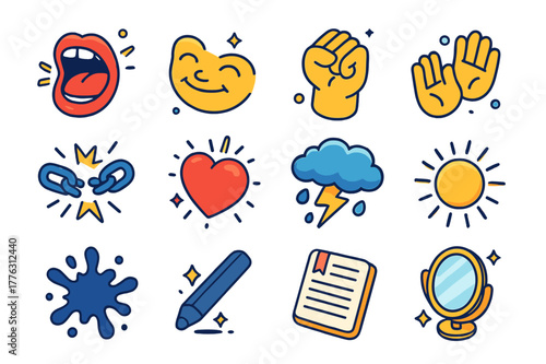 Emotional Art Icons. Emotional expression in art. Colorful isometric vector icons set of emotional expression in art: shouting mouth, gentle smile, clenched