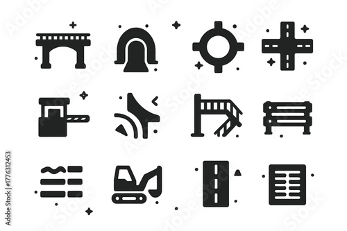 Road Infrastructure Icons. Road infrastructure. Solid icons set of road infrastructure: overpass bridge, tunnel portal, roundabout, intersection cross, toll