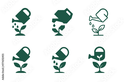 Organic Farming Logos. Organic farming. Set Logo of organic farming: watering can nurturing seedling. Icon set. harmonious logo variations of the