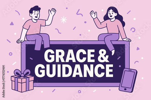 Grace & Guidance Banner. Grace & Guidance banner, flat vector illustration, bold oversized text inside rectangular frame banner, cartoon characters sitting and