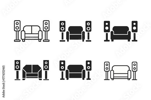 Home Theater Logos. Installing a new home theater sound system. Set Logo of Installing a new home theater sound system: home couch with speakers. Icon set.