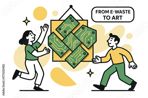 E-Waste Transformed Art. Circuit-Board Art. Discarded PCBs arranged into a geometric wall piece; copper traces shimmer. A label ?from e-waste to art? floats