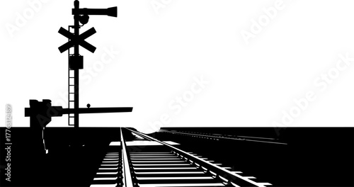 Railway Crossing Silhouette: A minimalist artistic illustration of a railway crossing, the black and white rendering, and conveying a sense of order and direction.
