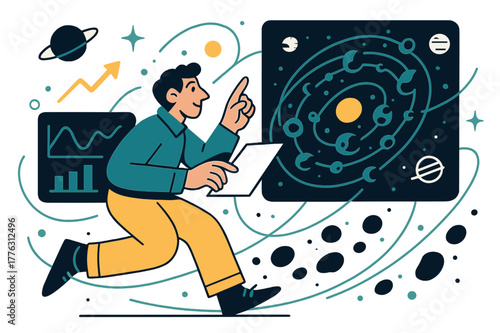 Asteroid Belt Analysis. Asteroid belt studies. Astronomer analyzing asteroid belt data on digital screens with abstract floating orbit paths and celestial