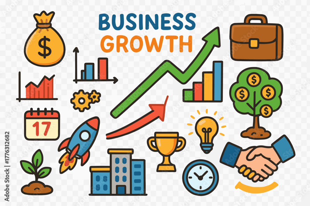 Naklejka premium Colorful Business Growth Illustration. Business growth. Colorful Hand-drawn doodle Children illustration Business growth arrow chart, money bag, tree with