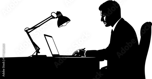 Focused in the office: A silhouette of a professional is working diligently, seated at a desk illuminated by a desk lamp, with a laptop symbolizing modern business, dedication, and focus.