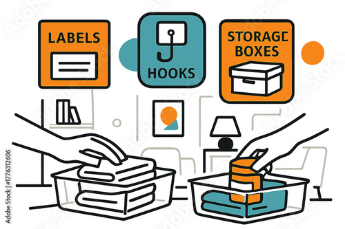 Efficient Home Organization. Decluttered living space. Hands placing items into clear containers with floating