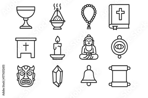 Sacred Artifacts Icons. Sacred artifacts. Line outline icon set of sacred artifacts: chalice, incense burner,