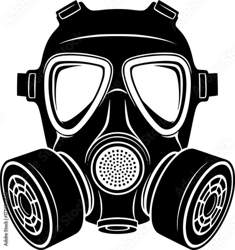 Gas Mask Icon: A detailed illustration of a gas mask, depicted in a bold black and white design, symbolizing protection, danger, and survival.
