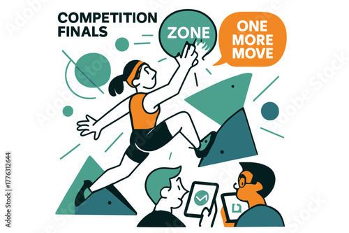 Chalk Hold Showdown. Competition Finals ? Zone Hold. Chalk explodes as fingers latch ?ZONE?; judges? tablets blink in minimal icons. ?One more move? echoes in
