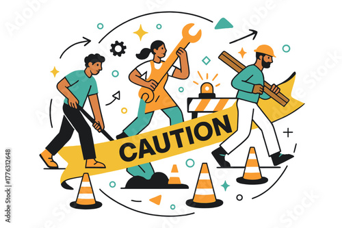 Dynamic Urban Repair. Urban repair scene. Cones, barriers, and blinking lights creating a circular frame; ?CAUTION? ribbon flows dynamically across. Energy of