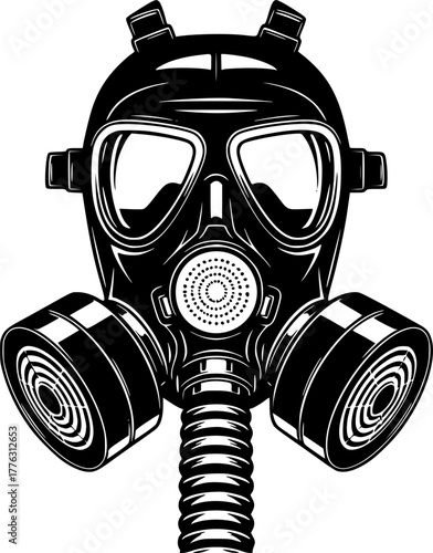 Gas Mask Icon: A detailed illustration of a gas mask, depicted in a bold black and white design, symbolizing protection, danger, and survival.
