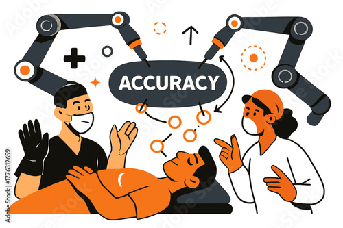 Robotics in Surgery. Healthcare Tech ? Robotics in Surgery. Robotic arms extend delicately over a stylized patient; soft circles mark precision points. Word