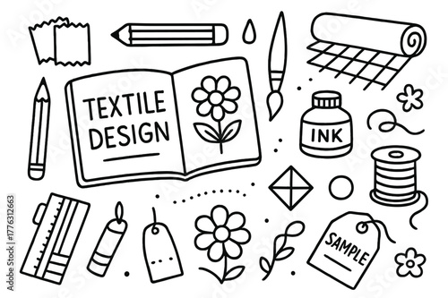 Textile Design Elements. Textile design. Hand-drawn doodle illustration textile design sketchbook, pencil, ruler, swatches, pattern grid, brush, ink bottle,