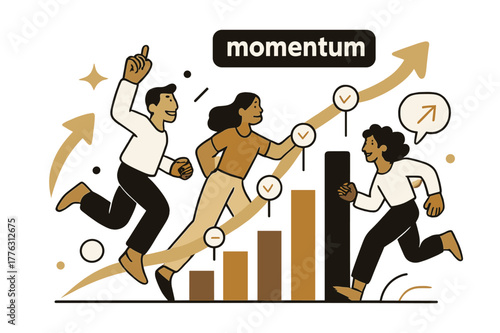 Momentum Growth Vector. Pitch Deck ? Traction & Growth. Bars and curves soar upward; milestone icons pulse at key dates. Label ?momentum.? glows at peak.