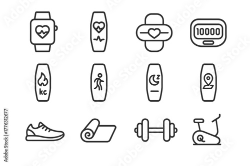 Fitness Tracker Icons. fitness trackers display. Line icon set of fitness trackers display: smartwatch, fitness band, heart rate monitor, pedometer, calorie