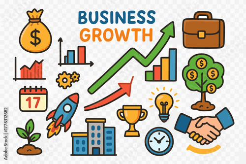 Colorful Business Growth Illustration. Business growth. Colorful Hand-drawn doodle Children illustration Business growth arrow chart, money bag, tree with