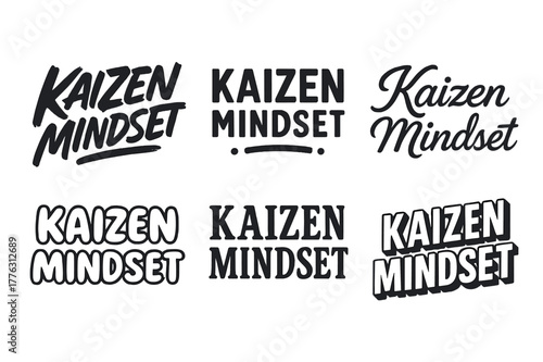 Diverse Lettering Styles. Kaizen mindset. Set lettering. harmonious lettering variations of the same emblematic concept, each with different artistic