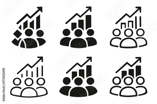 Marketing Logo Variations. Managing marketing teams and campaigns. Set Logo of Managing marketing teams and campaigns: chart growing from teamwork circle. Icon