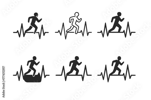 Exercise Logo Variations. The importance of exercise. Set Logo of the importance of exercise: heartbeat line with runner. Icon set. harmonious logo variations