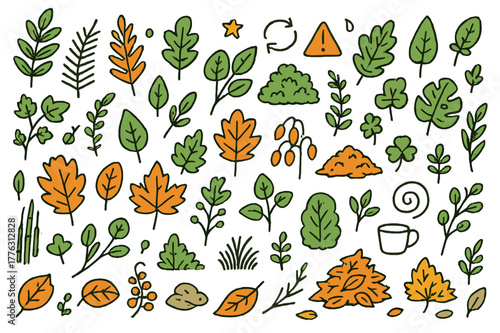 Colorful Autumn Foliage. Autumn foliage. Hand-drawn doodle illustration maple leaves (colored), oak leaves (colored), fern fronds (colored), ivy (colored),