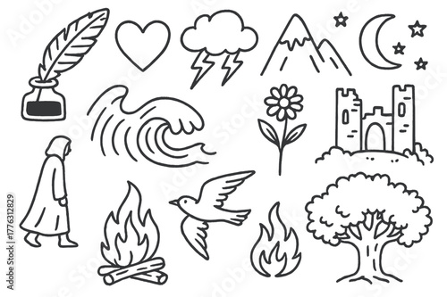 Romantic Symbols Doodles. Romanticism in poetry and prose. Hand-drawn doodle illustration Romanticism in poetry and prose quill, heart, storm cloud, lightning,