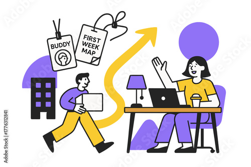 Hybrid Onboarding Kit. Hybrid Onboarding. Welcome kit floats from office to a home desk; badges read ?buddy?, ?first week map?. Warm arrows guide the new hire