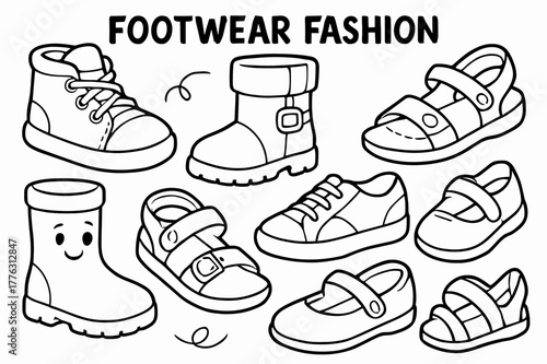 Children's Shoe Coloring. Footwear fashion children?s coloring book illustration, outlined drawing, cheerful