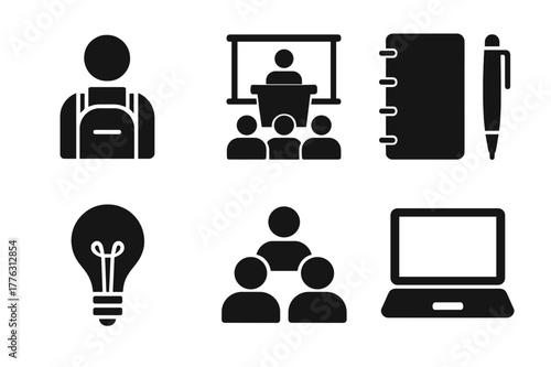 Educational Conference Icons. A student attending an educational conference to learn new ideas. Filled icon