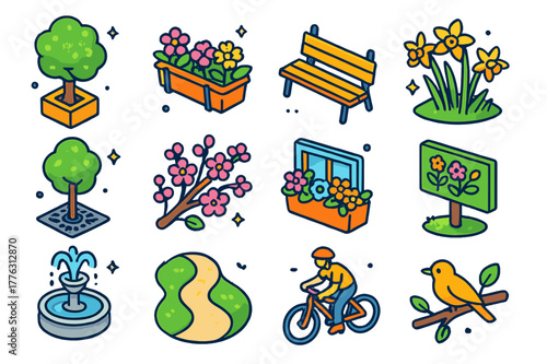 Urban Spring Icons. Urban spring blooms. Colorful isometric vector icons set of Urban spring blooms: tree planter box, balcony flower pot, city park bench,