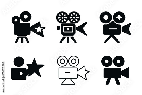Film Festival Logos. film festivals. Set Logo of film festivals: vintage projector casting a star-shaped beam. Icon set. harmonious logo variations of the same
