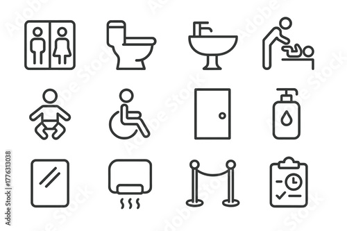 Inclusive Restroom Icons. Inclusive Restrooms. Line icon set of inclusive restrooms: restroom sign, toilet, sink, changing table, baby icon, wheelchair