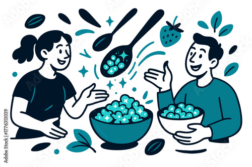 Glowing Granola Delight. Cooling and serving. Glowing granola being scooped into bowls with abstract floating