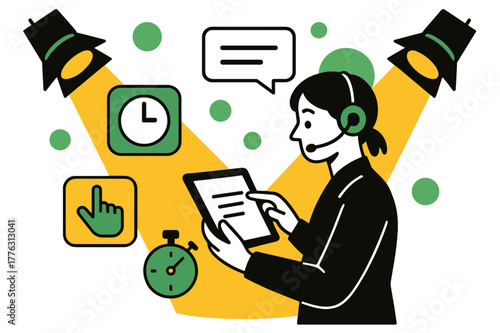 Stage Manager's Call. Show call. Stage manager checks tablet while spotlights illuminate the stage, abstract