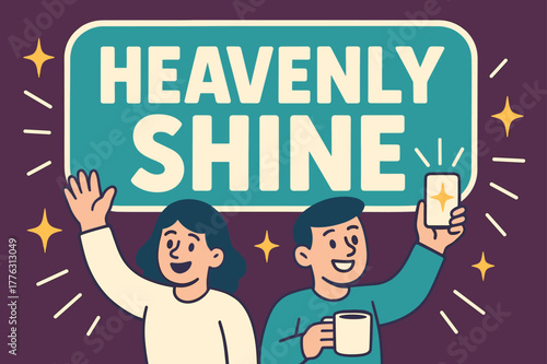 Bright Cartoon Banner. Heavenly shine banner, flat vector illustration, bold oversized text inside rounded rectangle, cartoon characters waving and smiling,