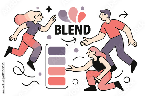 Dynamic Color Transition. Color blocking & dip dye. Strands fade from cream to bold color; ?Blend? floats as droplets turn to soft gradients. A palette card